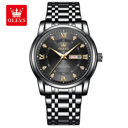 OLEVS 5513 Exclusive Original Quartz Watch for Men Diamond Roman Scale Waterproof Wristwatch Dual Calendar Stainless Steel Watch