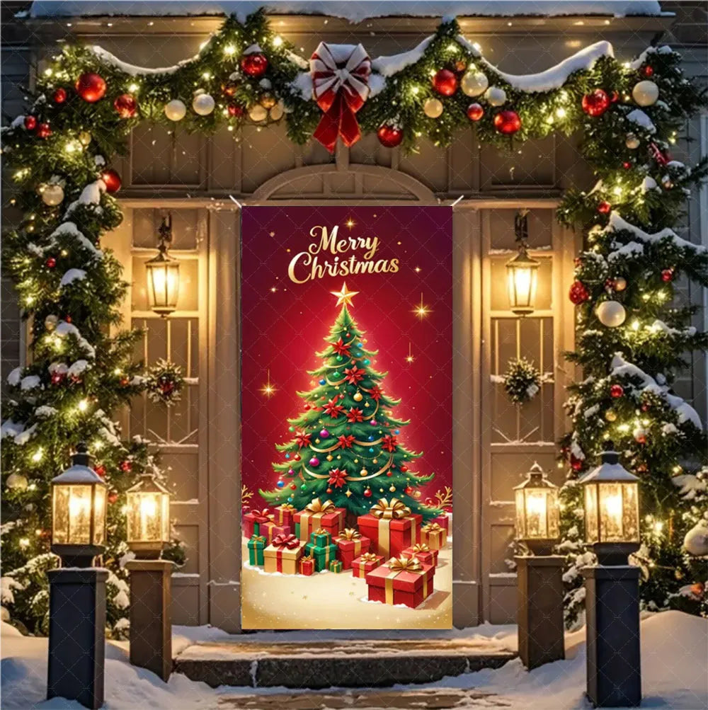 Christmas Theme Santa And Elk Backdrops Snowman Hanging Door Banner Indoor Outdoor Veranda Xmas Curtain Cover Festive Supplies