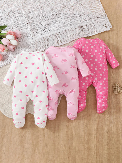 Infant Girls' Four-Season Lightweight Sweet Style Baby Comfortable Round Neck Long-Sleeve Footed Geometric Pattern Three-Piece S