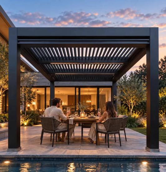 Aluminum pergola, rainproof, electrically adjustable gazebo, electric louvered awning, outdoor patio sunshade.