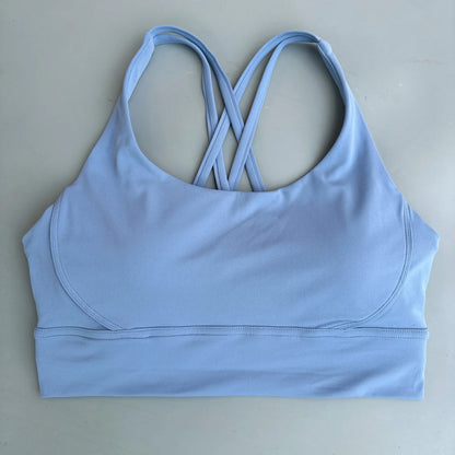 Solid Color Soft Cross Back Women Fitness Bra Tights Yoga Vest High Strength Shockproof Gym Sports Top Push Up With Chest Pad