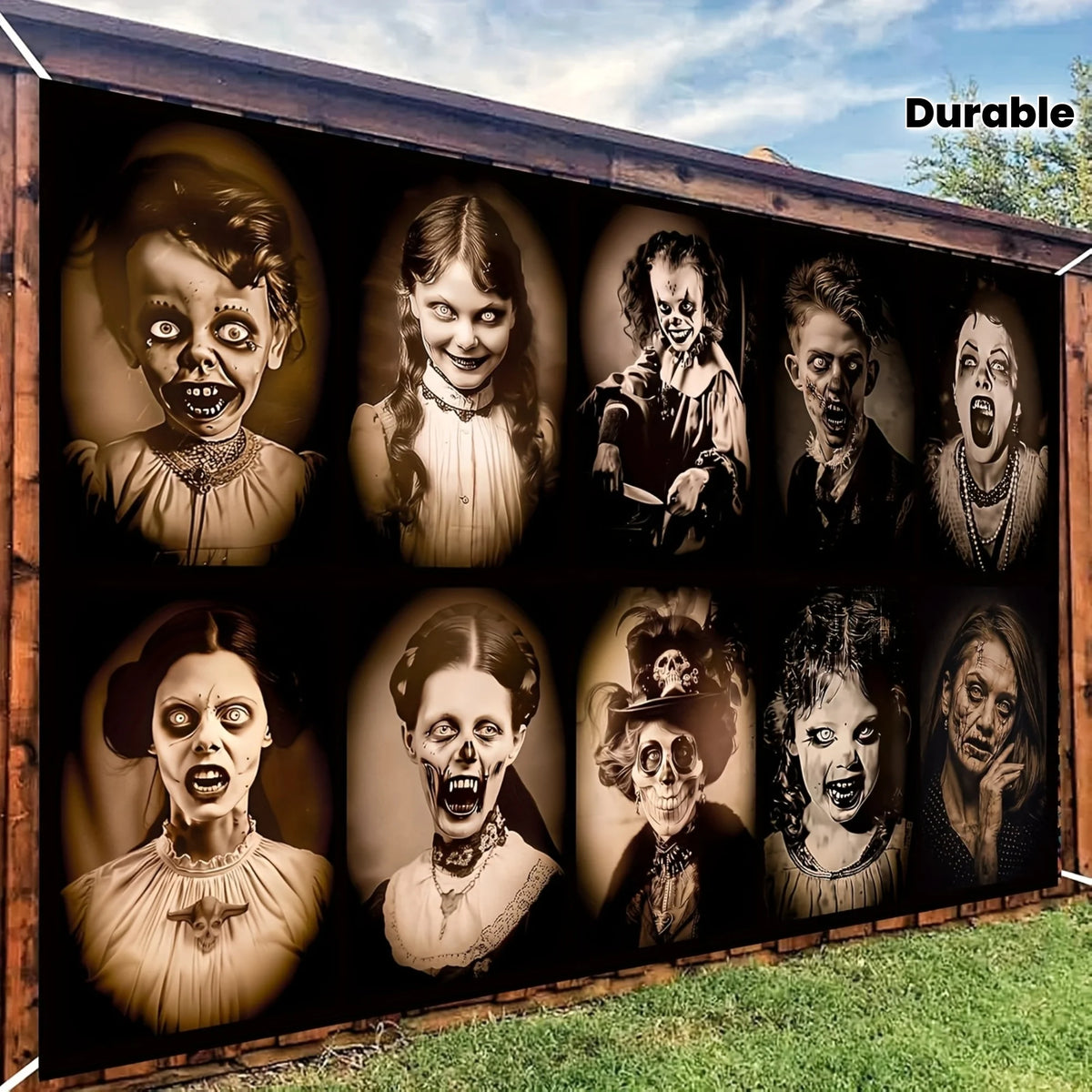 Halloween Gothic background cloth, 12 retro horror portrait and zombie makeup designs, polyester, suitable for event decoration