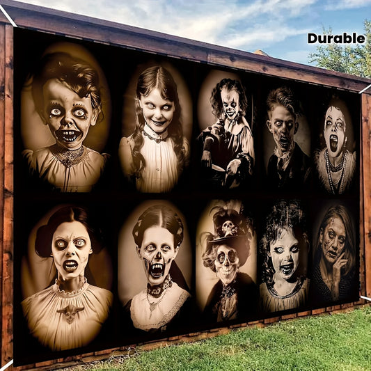 Halloween Gothic background cloth, 12 retro horror portrait and zombie makeup designs, polyester, suitable for event decoration
