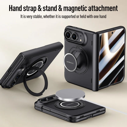 For Magsafe Magnetic Metal 360 Rotating Holder With Tempered Glass Film Protect Phone Case For iPhone Duo Spring Hinge Cover