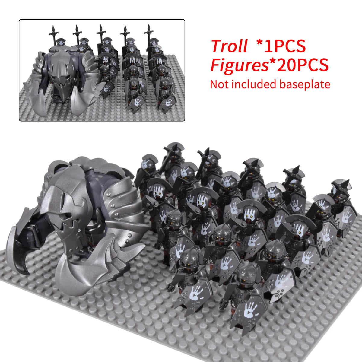 Orc Warrior Block Figures Set, Giant Troll Monster + 20Pcs Armored Soldier Models, Fantasy Army Building Bricks, Detailed Armor