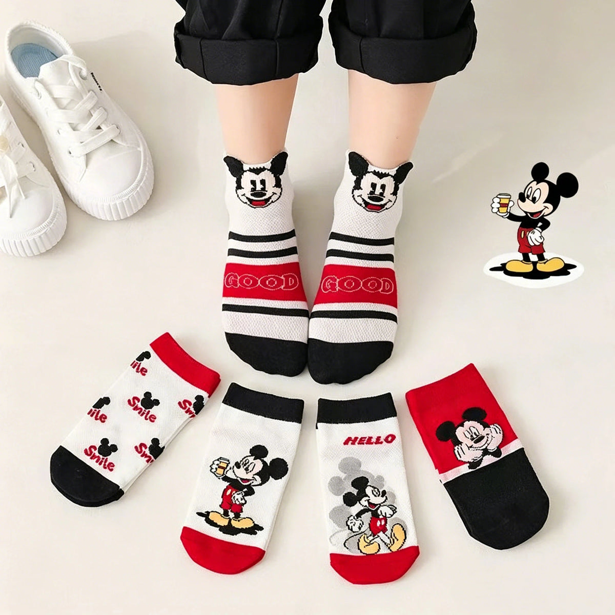 5 Pairs of Girls' Striped Color Block Cartoon Printed Knitted Short Socks Korean Style Breathable Mesh Invisible Ankle Socks