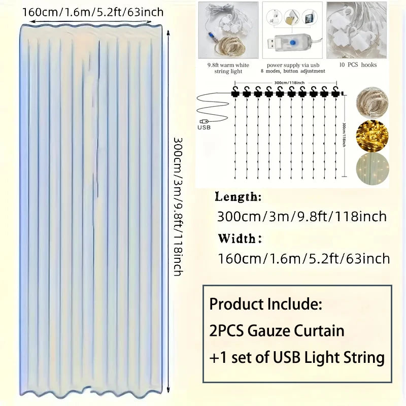 3M LED White Tulle Backdrop Curtains with Light Decoration for Wedding Engagement Birthday Party Baby Shower Decor Supplies
