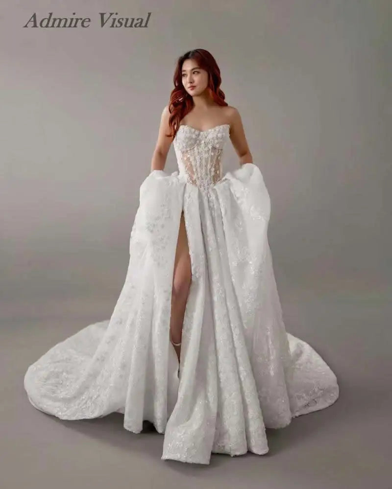 Admire Visual Wedding Dress A-Line Lace Detachable Sleeves Draped With Split On The Leg  Customized Bride Gown