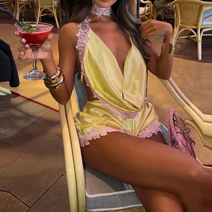 Sexy Swinging Collar Lace Floral Edge Vest&Shorts Set Fashion Hot Girl Sleeveless Hollow Out Party Set Elegant Color Blocked Set