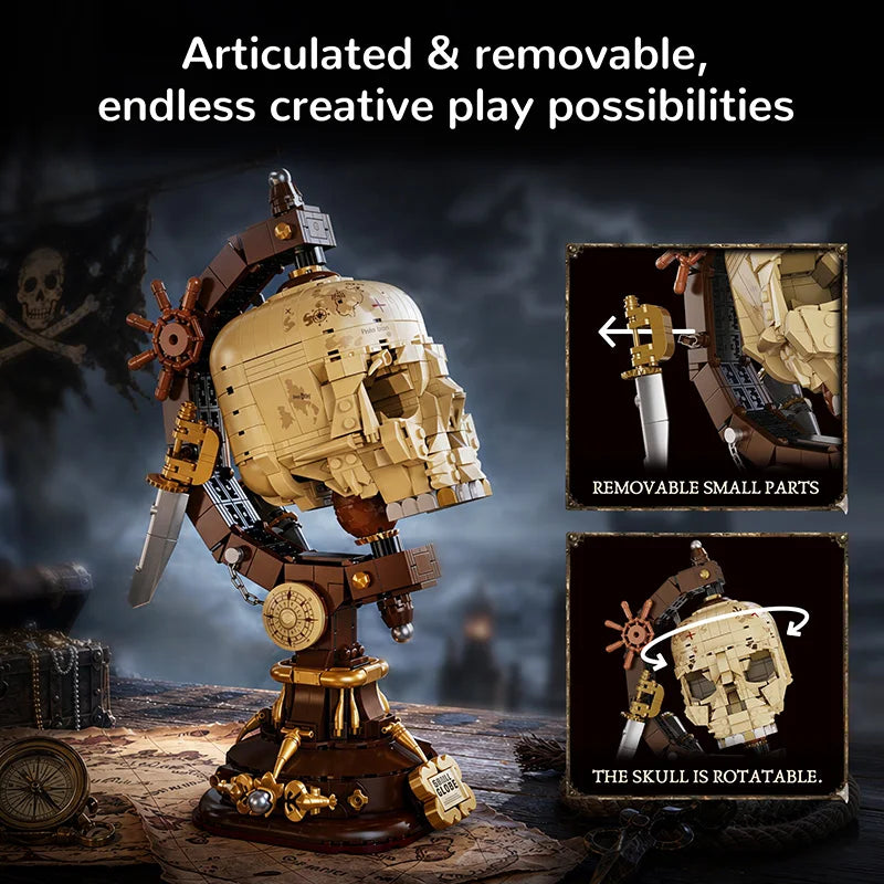 Pirate Skull Globe MOC Building Blocks Model Kit Creative Bricks Assembly Toys for Kids Adult Holiday Gifts Cool Room Decor