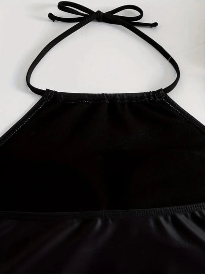 Women's Black Split Bikini Set with Coconut Print and Tie Up