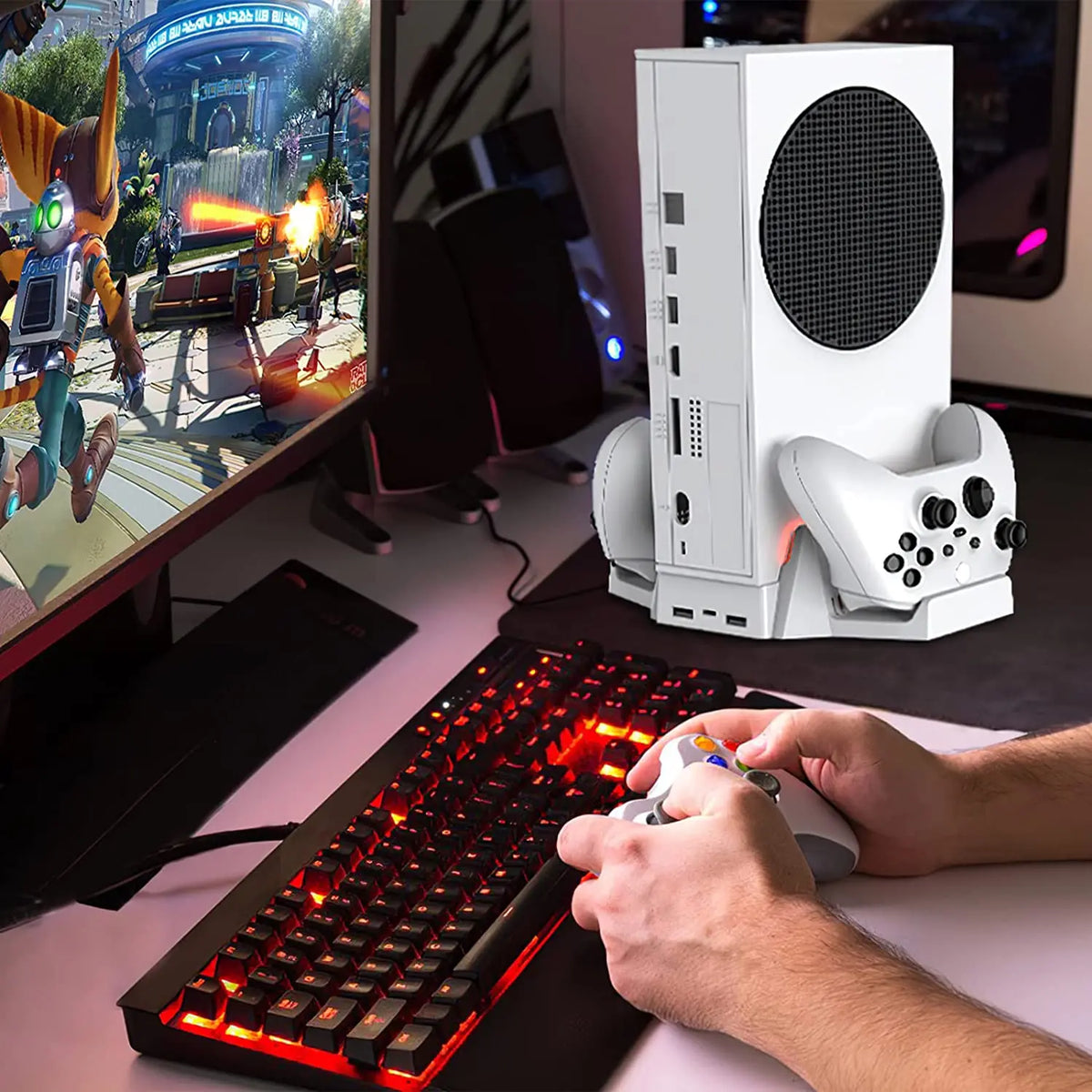 Cooling Stand for Xbox Series S with Dual Cooling Fan Dual Controller Charging Dock with LED Indicator and Extra Two 800mAh Rec