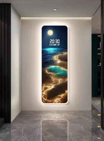Wave painting, living room clock, moon digital display, intelligent electronic clock, entrance decoration, painted lights