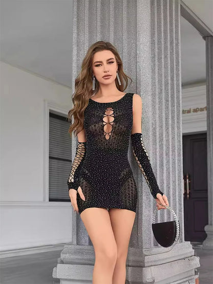 2pcs Women's Sexy Dress Rhinestone Hollow Out Stretchy Dress Set Slim Fit See-Through Mini Dress & Gloves Party Club Street Wear