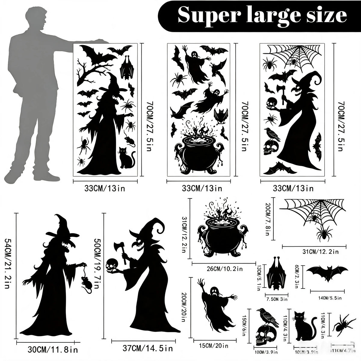 2026 New Halloween Static Window Clings Scary Witch Ghost Bat Silhouette Decals Reusable No Glue Glass Door Stickers Decoration