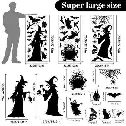 2026 New Halloween Static Window Clings Scary Witch Ghost Bat Silhouette Decals Reusable No Glue Glass Door Stickers Decoration