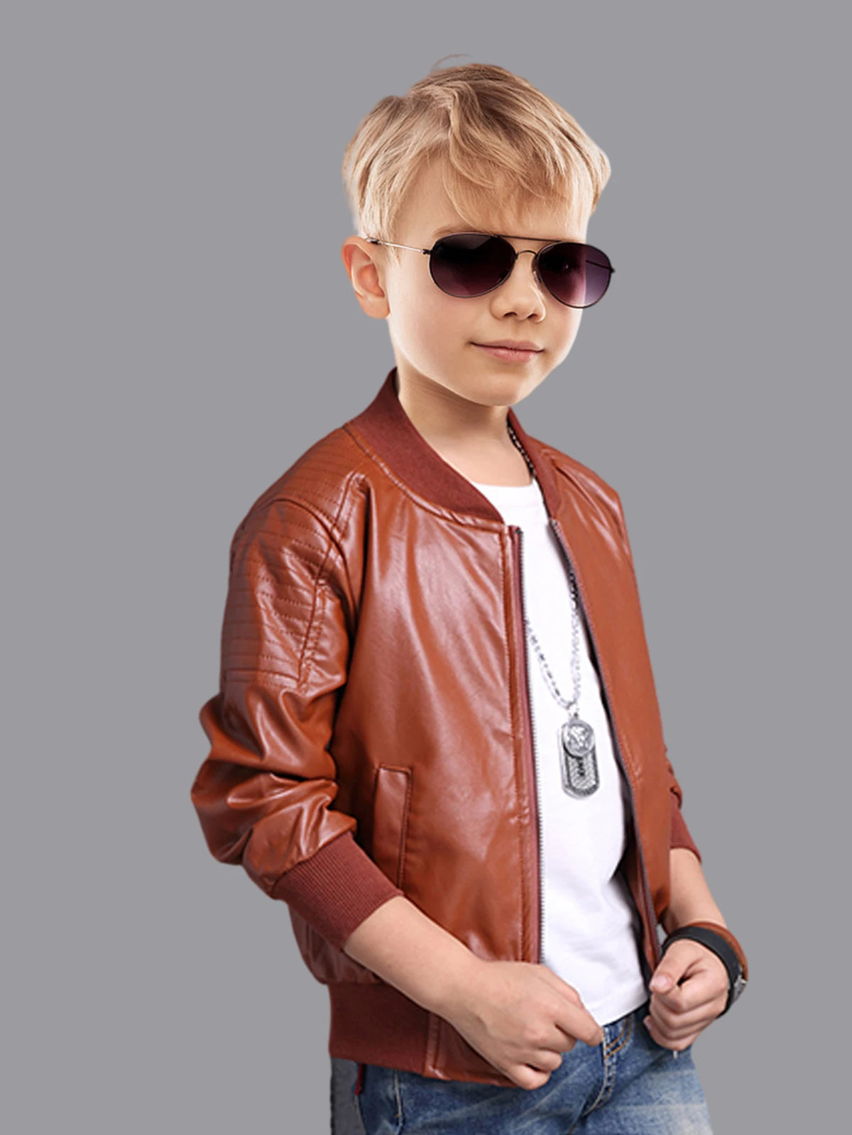 Children's Clothing for Boys, Pu Leather Jacket for Older Kids, Spring and Autumn Motorcycle Style Jacket, Black Baseball Jacket, Pu Leather Jacket in Chocolate Color, Autumn and Winter Jacket