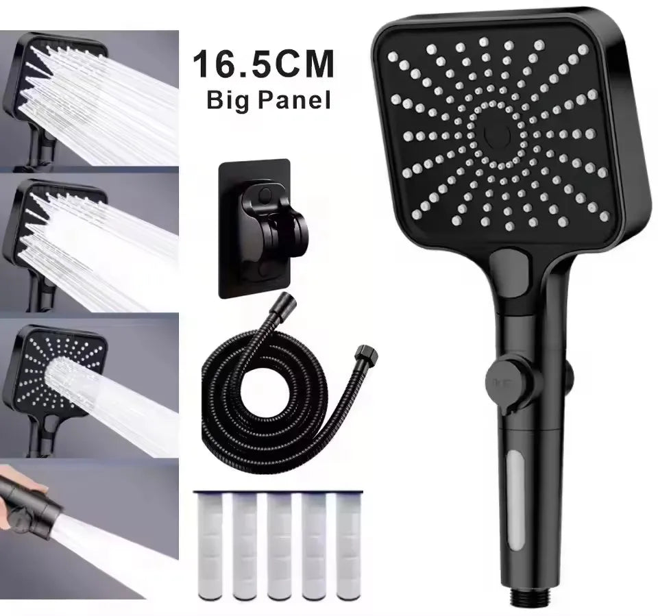 16CM Big Panel High Pressure 4 Modes Shower Head with Filter Water Saving One Key Stop Sink Faucet Hose Bathroom Accessories