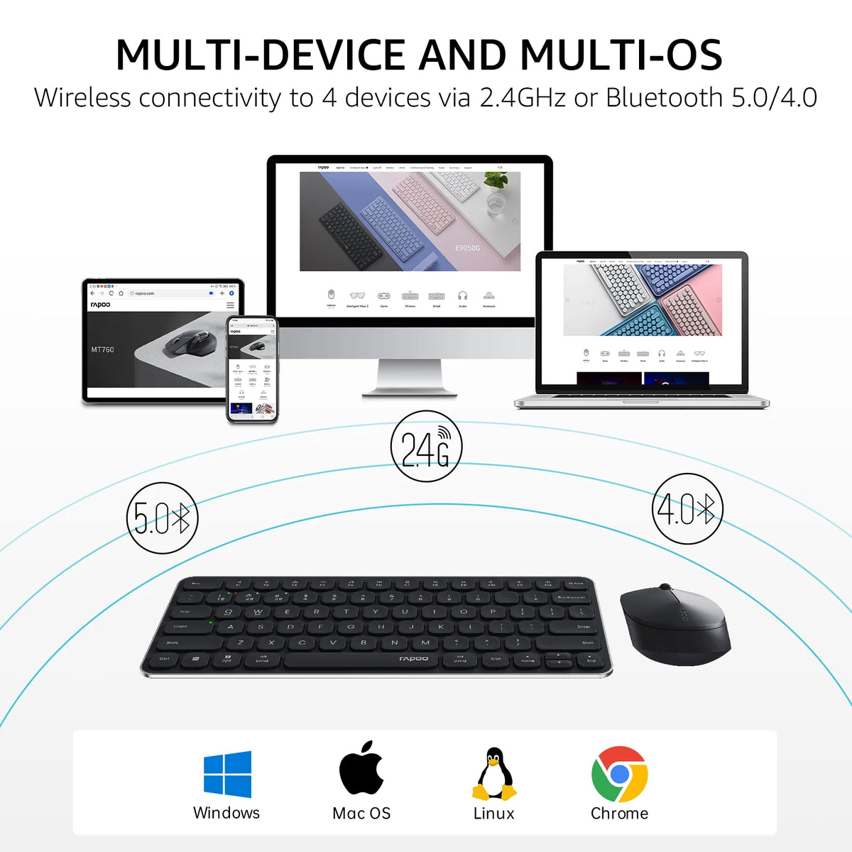 Rapoo Multi-mode Wireless Keyboard and Mouse Combo Extremely Thin English/Portuguese Keyboard Layout Easy-Connect Up to 4 Device