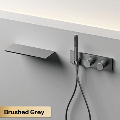 Light luxury brass thermostatic Gun gray bathroom faucet Wall-mounted design Double handle  Cold & Hot dual-control bathtub Tap