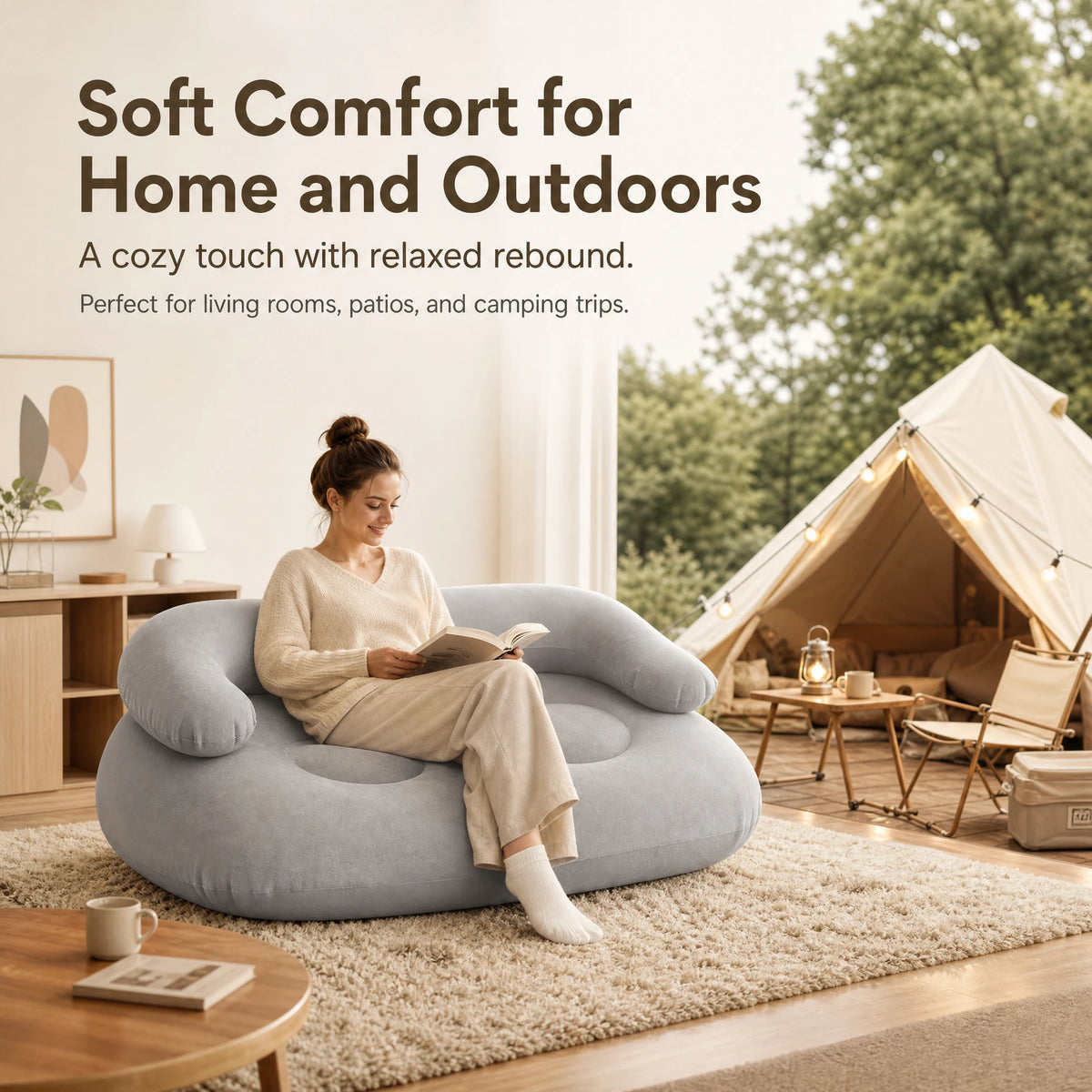 Inflatable Double Sofa 2 Person Air Couch Thickened PVC Flocking Portable Foldable Lazy Sofa Waterproof Inflatable Lounger