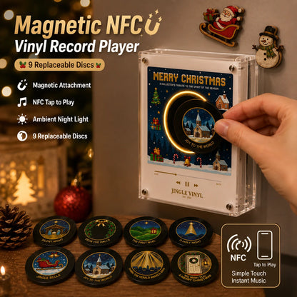 Christmas NFC Magnetic Vinyl Record Player with 9 Replaceable Discs LED Ambient Light Touch-Play Music Box Home Fridge Ornament
