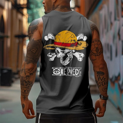 One Piece Men Vest Tank Top Straw Hat Pirates' Jolly Roger Summer Japanese Anime Spring and Autumn Sports Loose Sleeveless Top