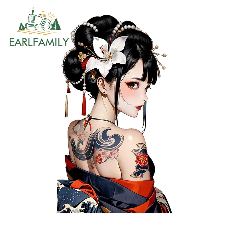EARLFAMILY Tattooed Geisha Motorcycle Stickers Character Campervan Rear Windshield Decal Simple Practical Sunscreen DIY Car Body