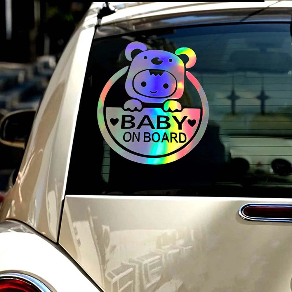 Baby On Board" Reflective Car & Motorcycle Decal - Durable Pvc, Cartoon Safety Warning Sticker For Windows