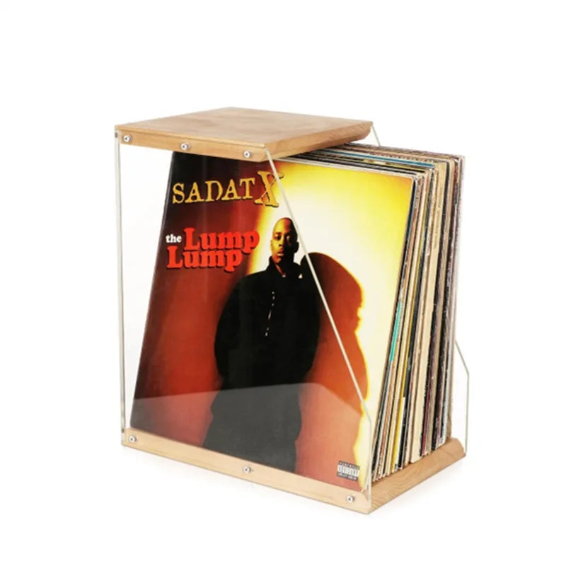 Wooden Record Rack Tabletop Ornament Transparent Vinyl Record Display Rack Tape Book Storage Box Solid Wood Storage Rack
