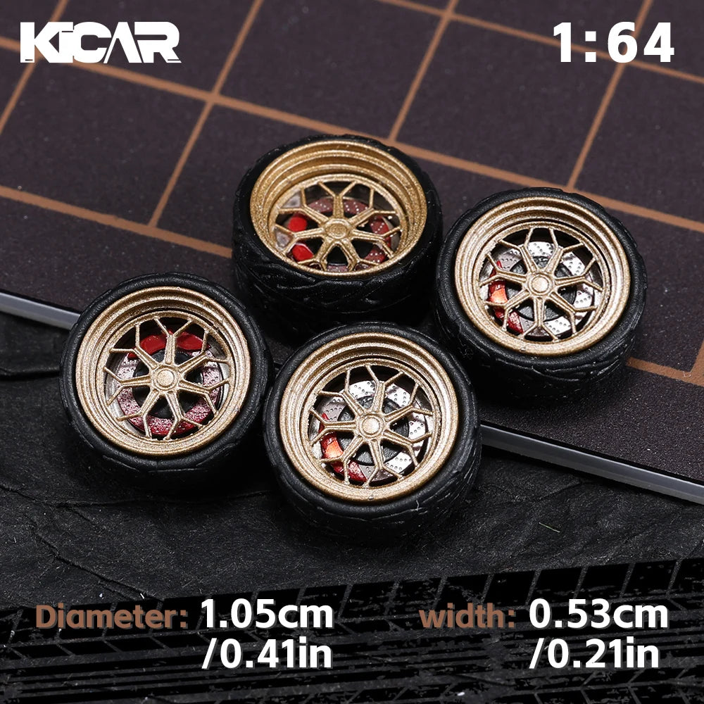 Kicarmod 1/64 10.5mm Alloy Model Wheels with Magnetic Hub Caps-with Rubber Tires for Tomica Custom Diecast Cars