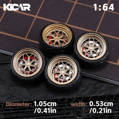 Kicarmod 1/64 10.5mm Alloy Model Wheels with Magnetic Hub Caps-with Rubber Tires for Tomica Custom Diecast Cars