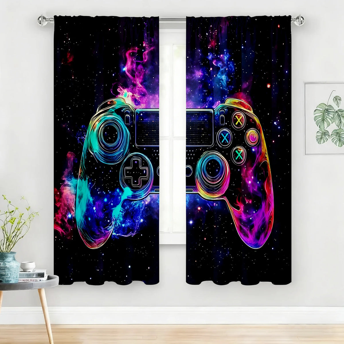 2PC Neon "Game Night" Curtains - Vibrant Gaming Print Window Drapes for Boys Bedroom Game Room Decor
