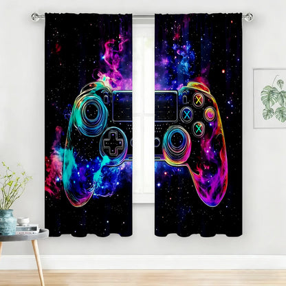 2PC Neon "Game Night" Curtains - Vibrant Gaming Print Window Drapes for Boys Bedroom Game Room Decor