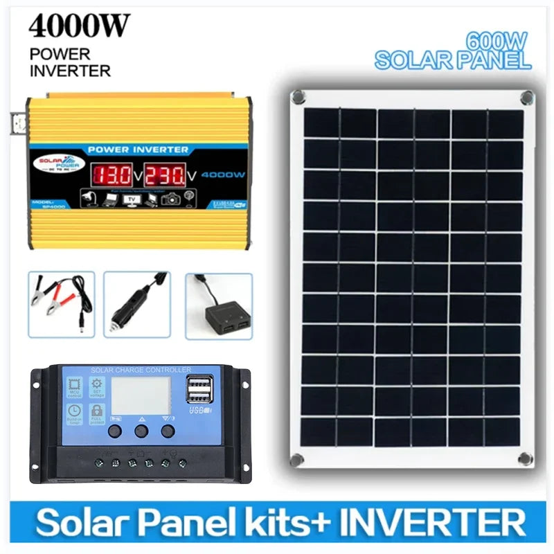 6000W Solar Inverter Kit 600W Solar Panel 12V Battery Charging Controller Complete Power Generation System 110V 220V Home