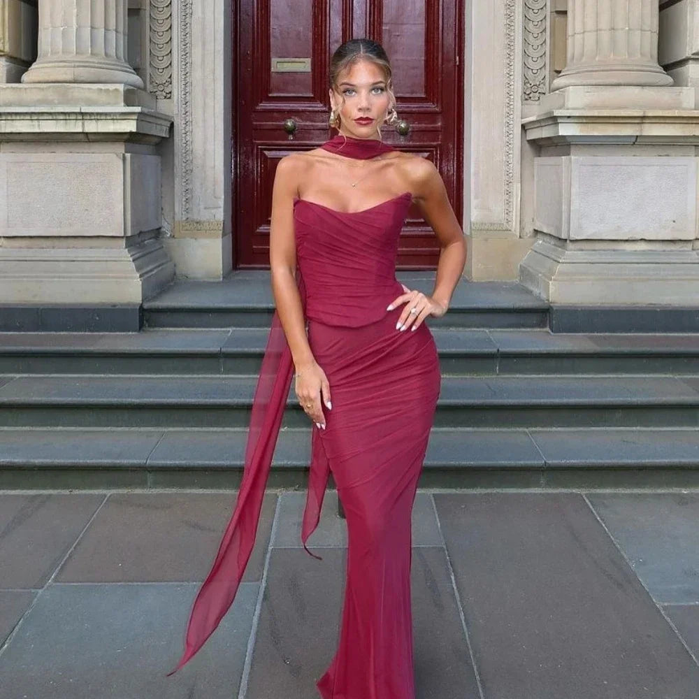 BWQ Elegant 2 Pieces Dress Set with Scarf Women Fashion Matching Sets Sexy Cropped Top and Long Dress Set Casual Dress 2026