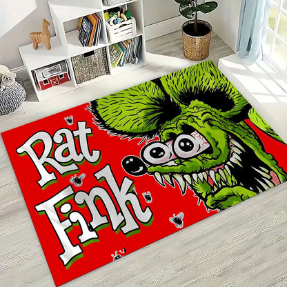 3D Rebellious RAT FINK Cars Sign Cartoon Rug for Bedroom Living Room Sofa Home Doormat Decor, Large Kids Play Non-slip Floor Mat
