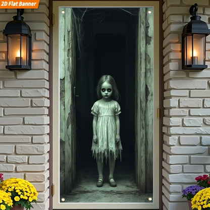 A 2D flat banner suitable for Halloween, featuring a large ghost girl door decoration