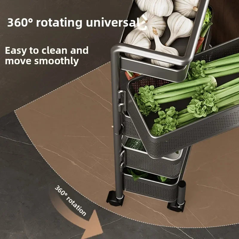 Rotating Kitchen Storage Cart Multi-Tier Basket for Vegetables Snacks Space Saving Corner Pantry Shelf Mobile Metal Mesh Trolley