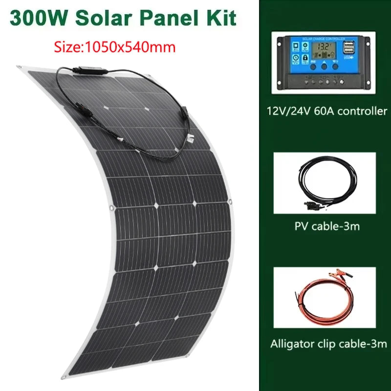 300W 600W Flexible Solar Panel With 60A Solar Regulator Cable For 12V Battery Charger Home Roof Outdoor Camping Car RV Boat
