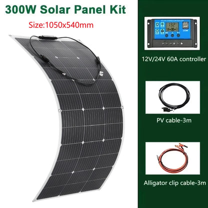 300W 600W Flexible Solar Panel With 60A Solar Regulator Cable For 12V Battery Charger Home Roof Outdoor Camping Car RV Boat