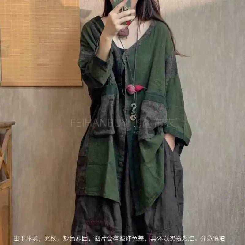 2026 Spring Autumn New Arts Style Women Single Breasted V-neck Long Coat Vintage Patchwork Print Cotton Linen Loose Jackets F89