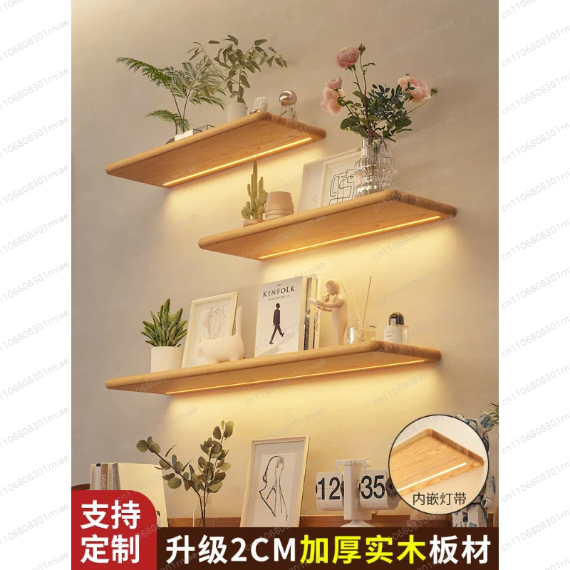 Solid wood luminous laminate wall shelf built-in LED light wall one-word shelf bookshelf honor wall display shelf