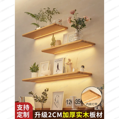 Solid wood luminous laminate wall shelf built-in LED light wall one-word shelf bookshelf honor wall display shelf