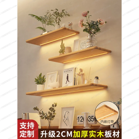 Solid wood luminous laminate wall shelf built-in LED light wall one-word shelf bookshelf honor wall display shelf