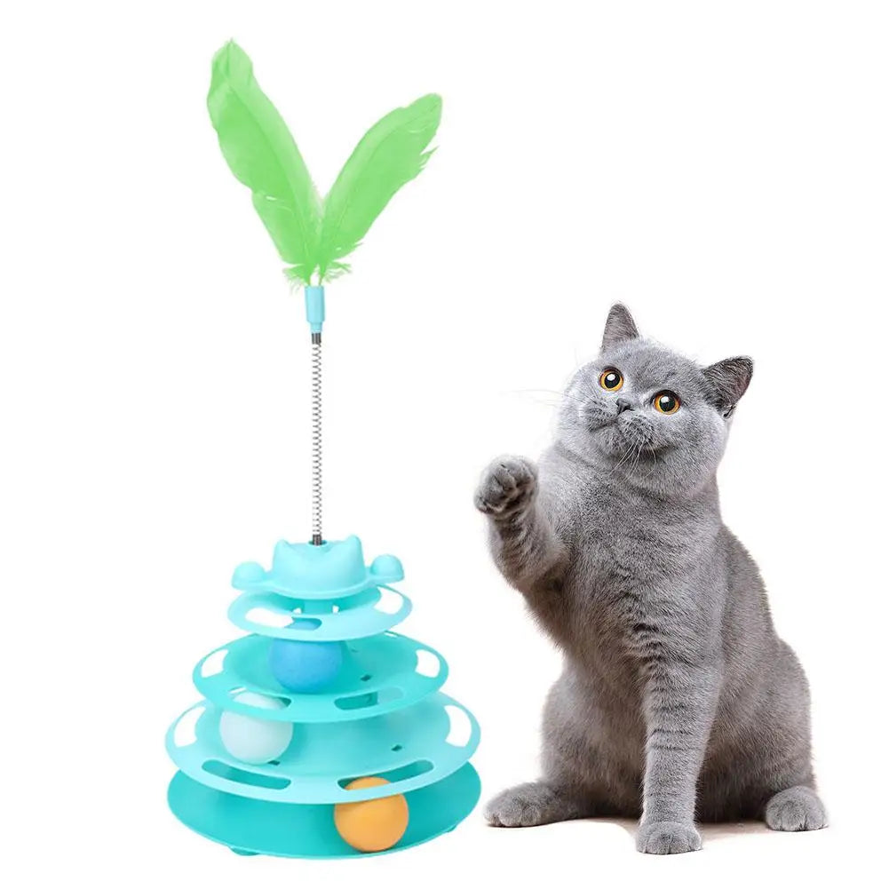 Cute 4 Layer Cat Track Toy Interactive Roller Turntable Ball With Moving Feather Wand For Kitten Fun Pet Accessories