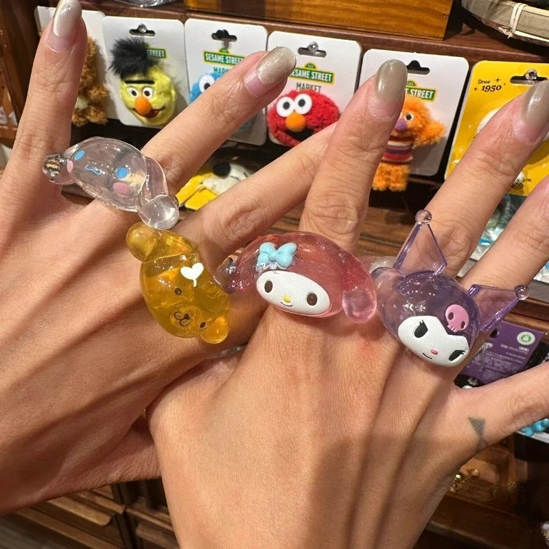 Genuine Sanrio Hello Kitty My Melody Kuromi Cinnamoroll Anime Figures Cartoon Ring Model Toy Collection Decoration Gifts