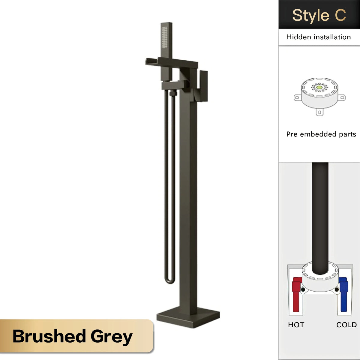 AITANA Luxury Black Brass Floor Standing Bathroom Faucet with Waterfall Water Outlet Design, Hot and Cold Bathtub Mixer