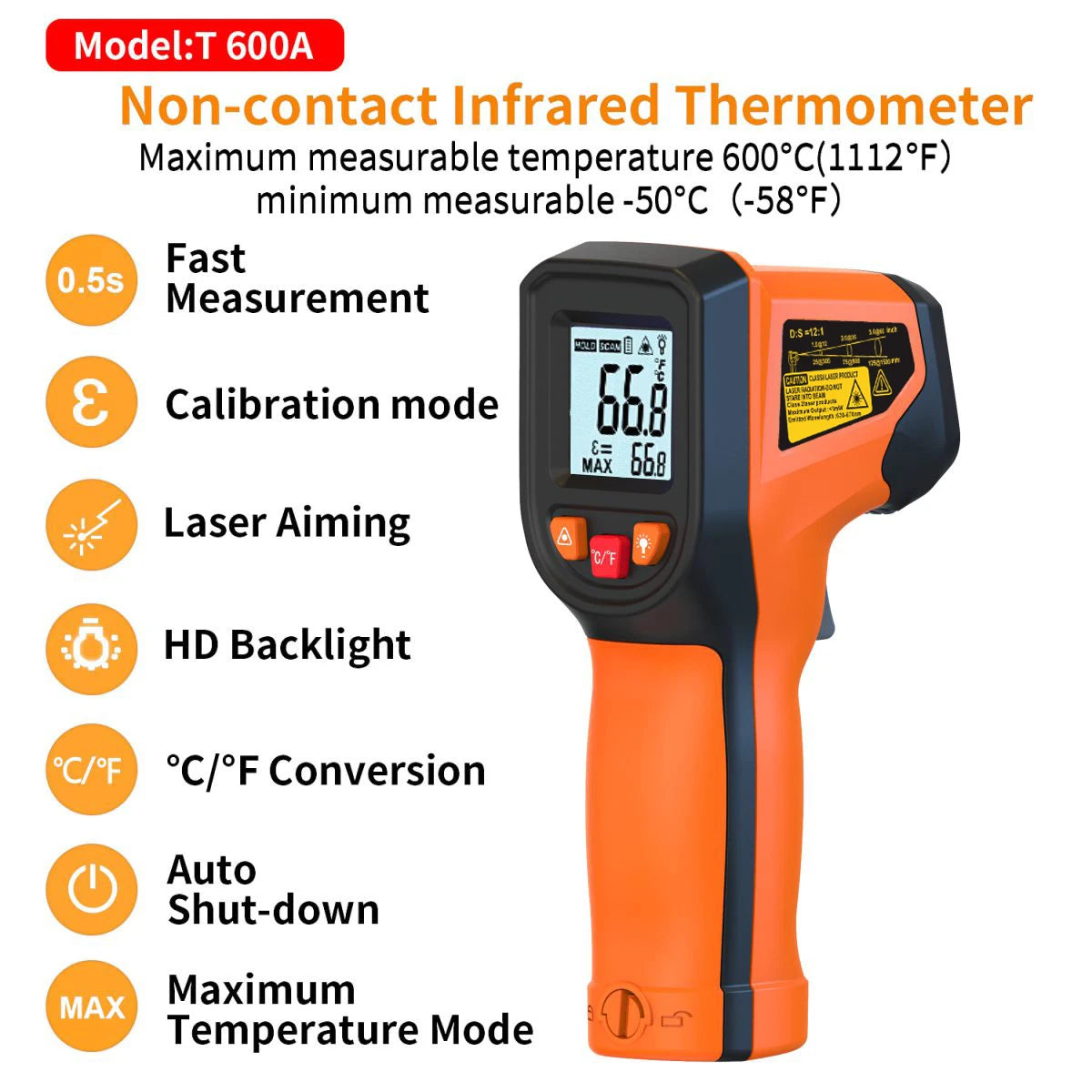 Digital Infrared Thermometer Sensor Handheld Non-contact IR LCD Backlit Display Laser Temperature Gun 600 °C for Household