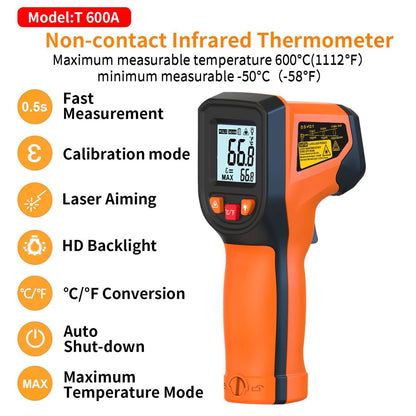 Digital Infrared Thermometer Sensor Handheld Non-contact IR LCD Backlit Display Laser Temperature Gun 600 °C for Household